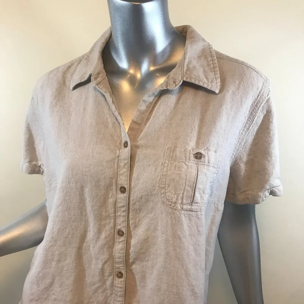 Sag Harbor Women's Large Beige Button Pocket Front Shirt Linen Blend Top - Picture 3 of 12